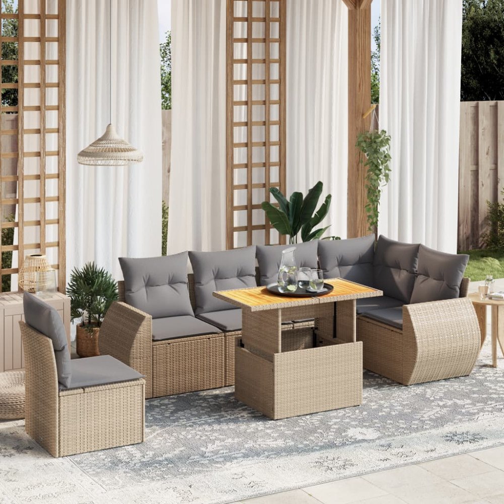 vidaXL Matgrupp för trädgården med dynor 7 delar beige konstrotting