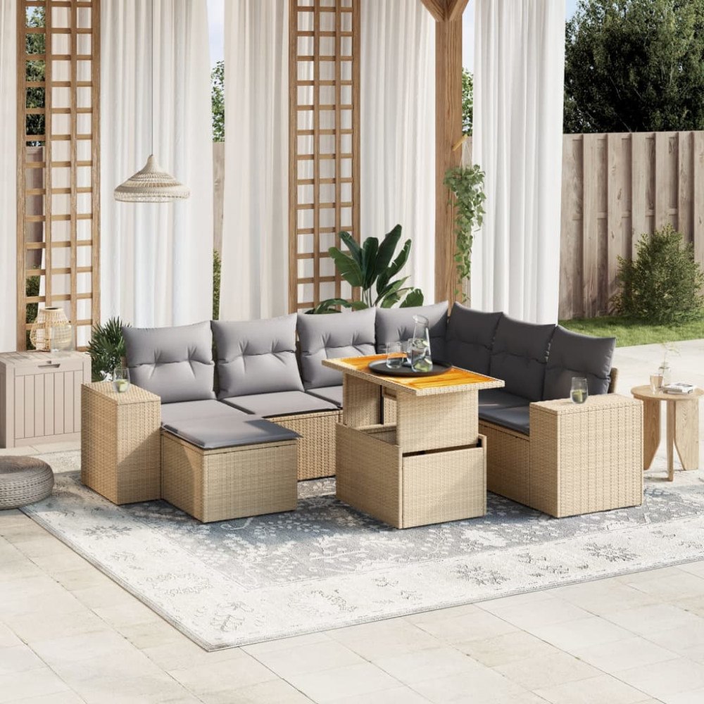 vidaXL Matgrupp för trädgården med dynor 8 delar beige konstrotting