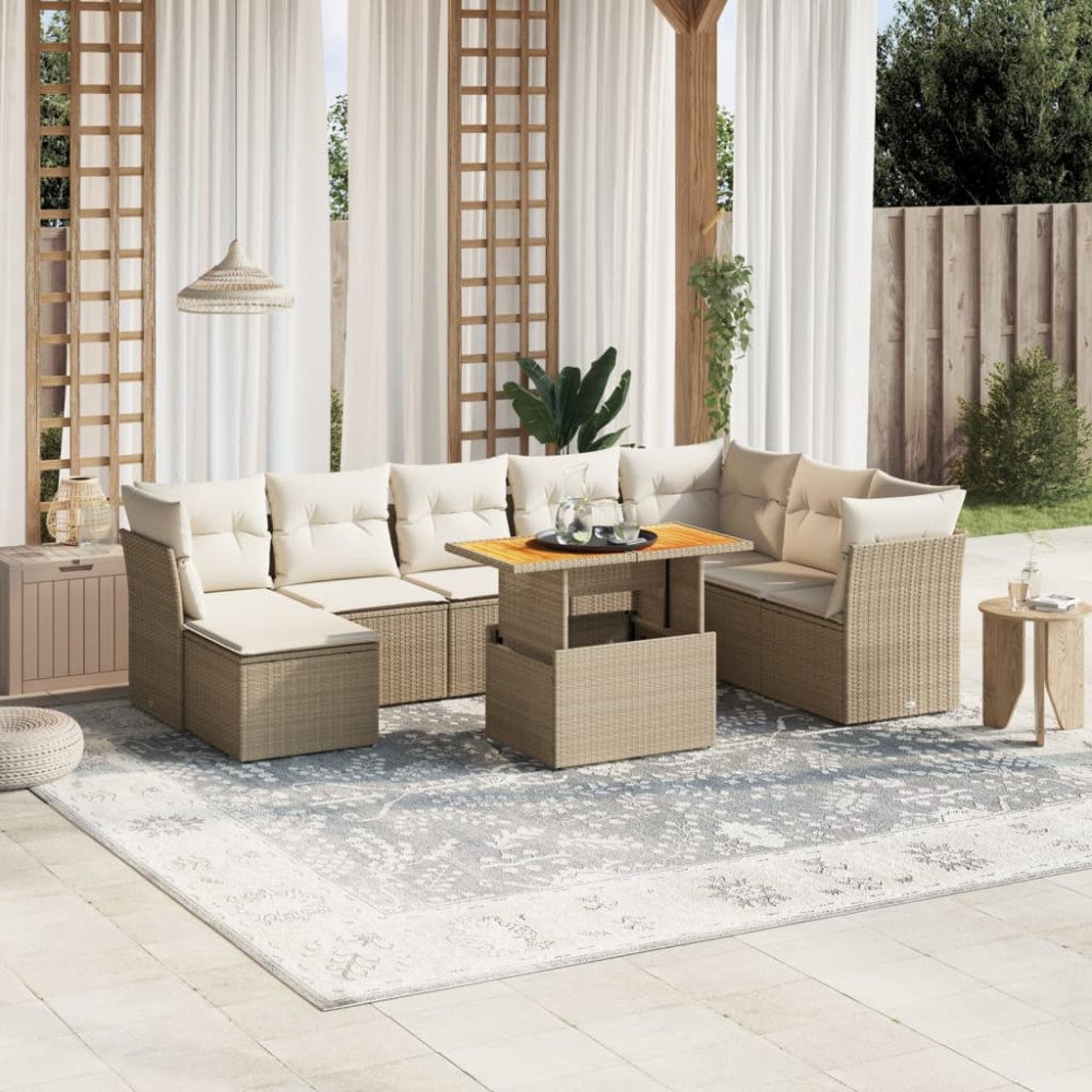 vidaXL Soffgrupp för trädgården med dynor 9 delar beige konstrotting