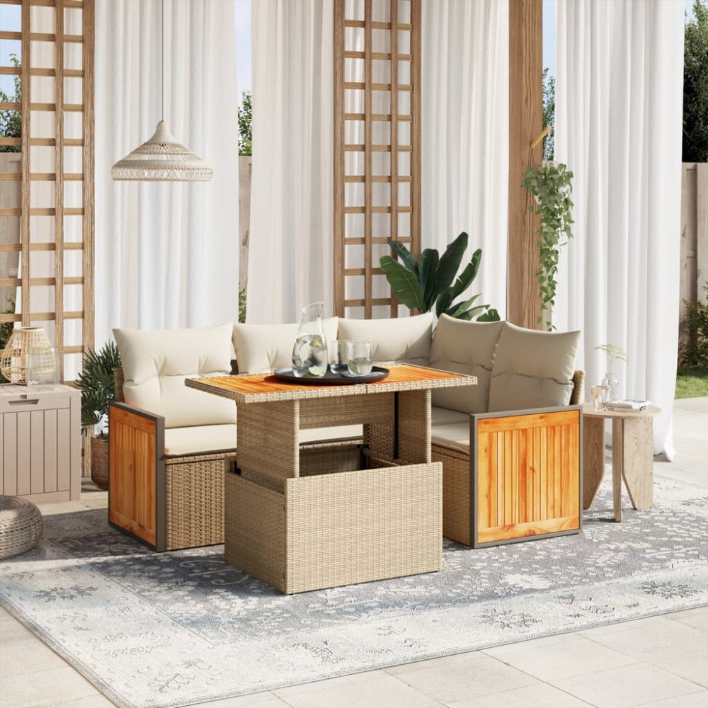 vidaXL Soffgrupp för trädgården med dynor 5 delar beige konstrotting