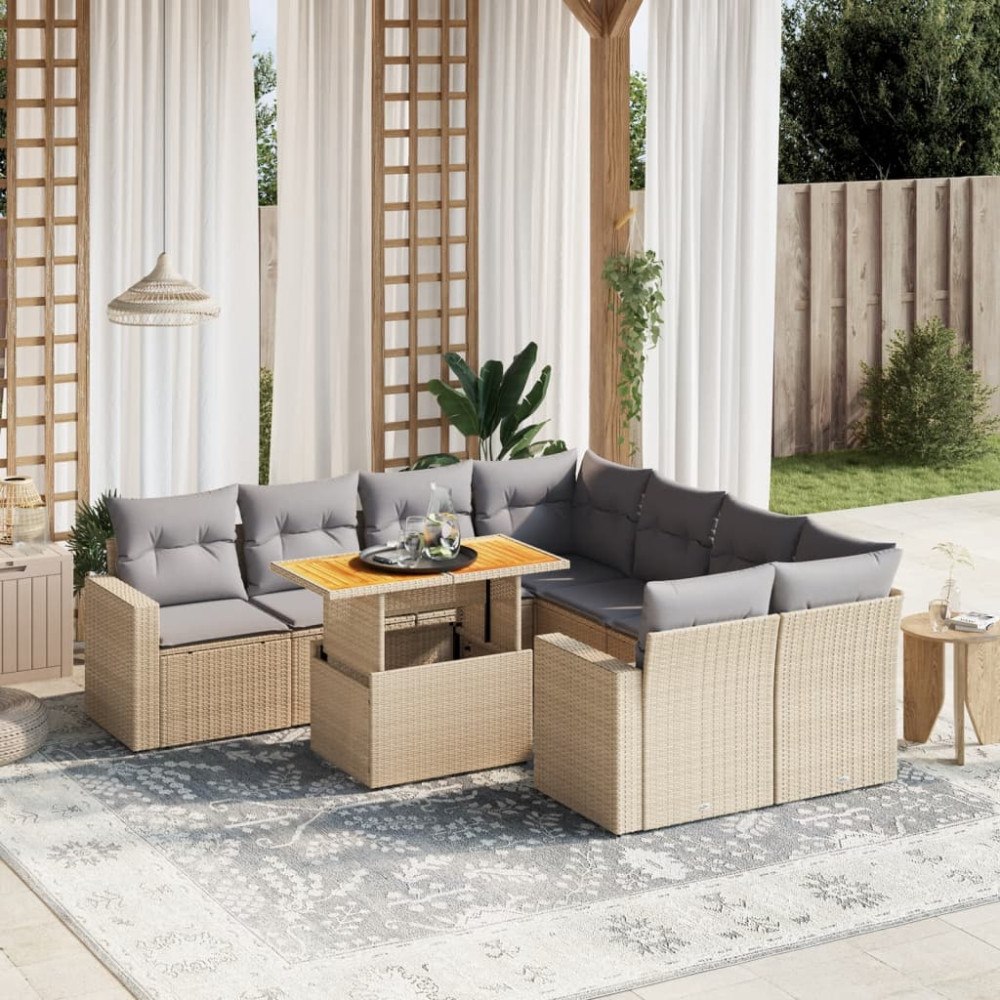 vidaXL Soffgrupp för trädgården med dynor 9 delar beige konstrotting