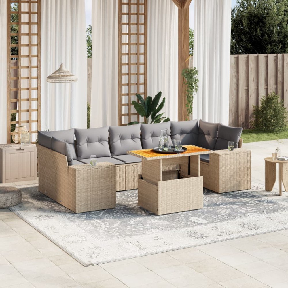 vidaXL Matgrupp för trädgården med dynor 8 delar beige konstrotting