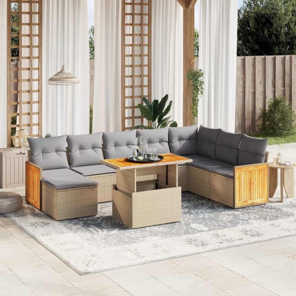 vidaXL Soffgrupp för trädgården med dynor 9 delar beige konstrotting