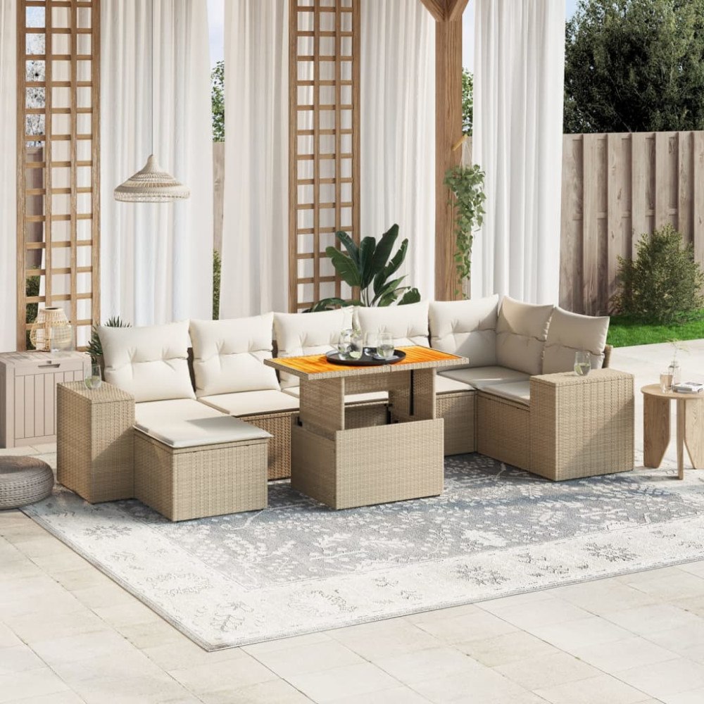 vidaXL Matgrupp för trädgården med dynor 8 delar beige konstrotting