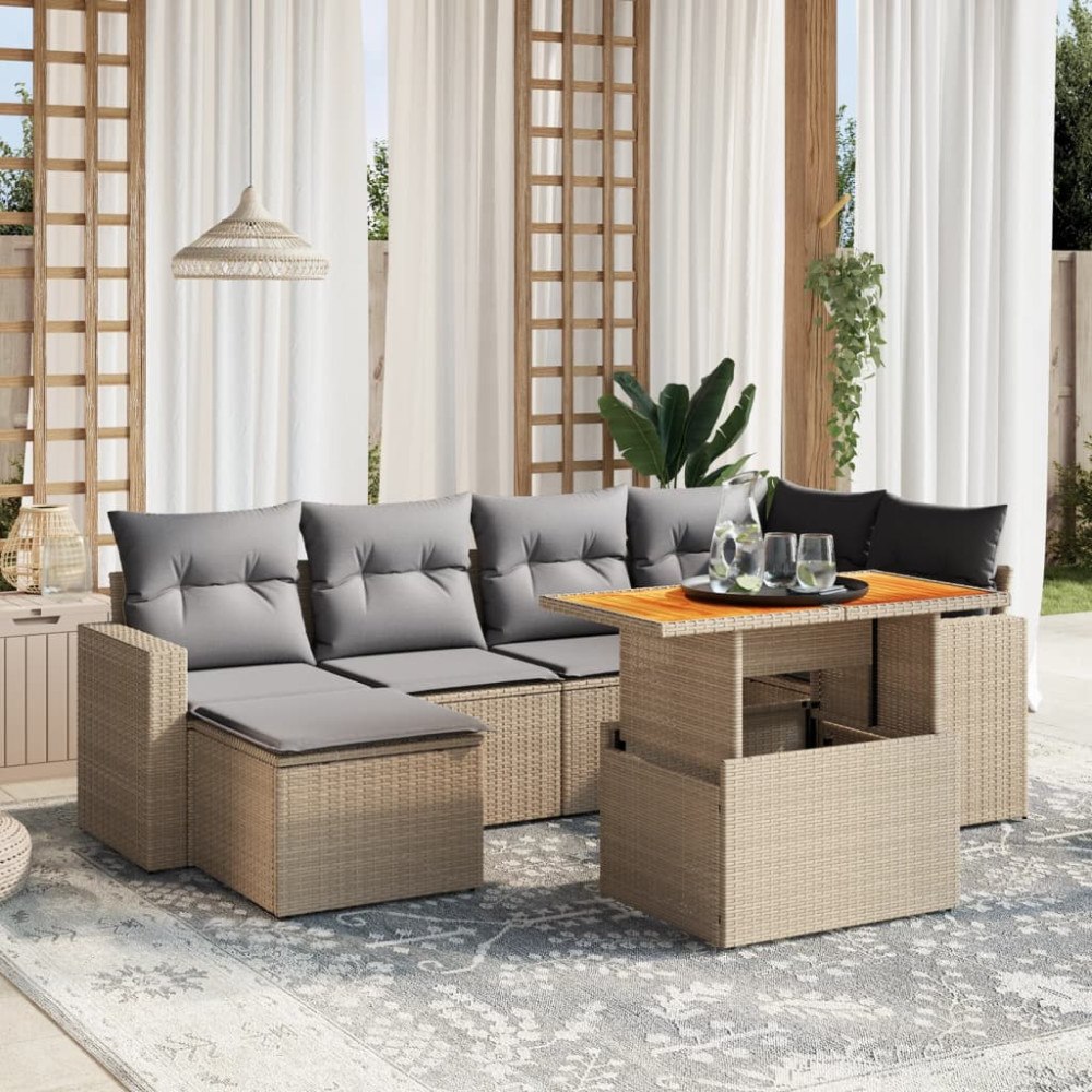 vidaXL Matgrupp för trädgården med dynor 7 delar beige konstrotting