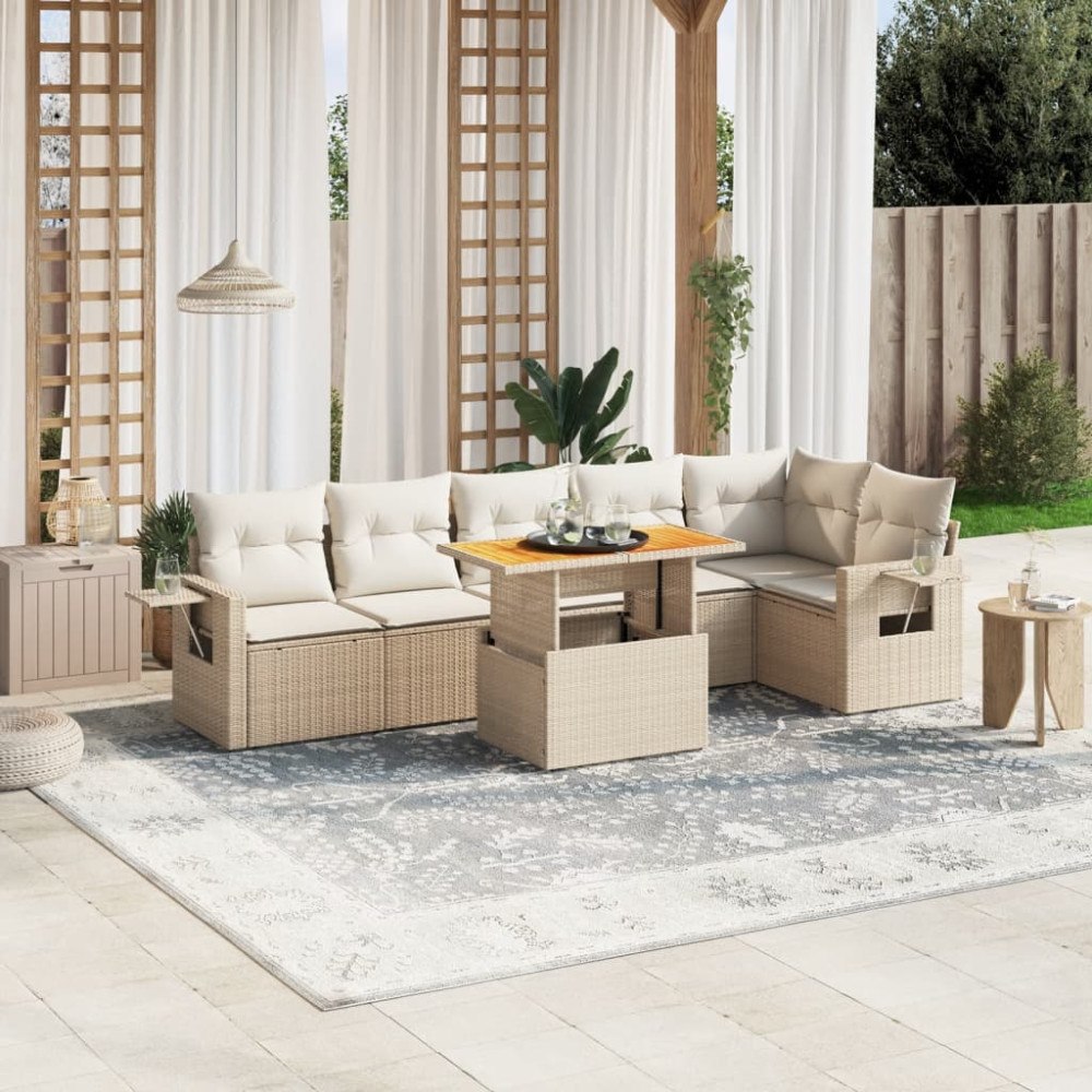 vidaXL Matgrupp för trädgården med dynor 7 delar beige konstrotting