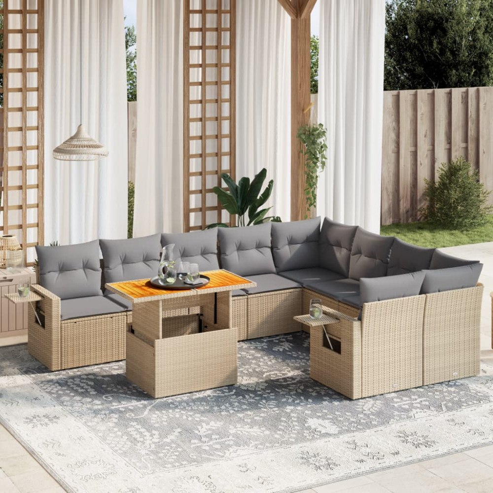 vidaXL Soffgrupp för trädgård med dynor 10 delar beige konstrotting