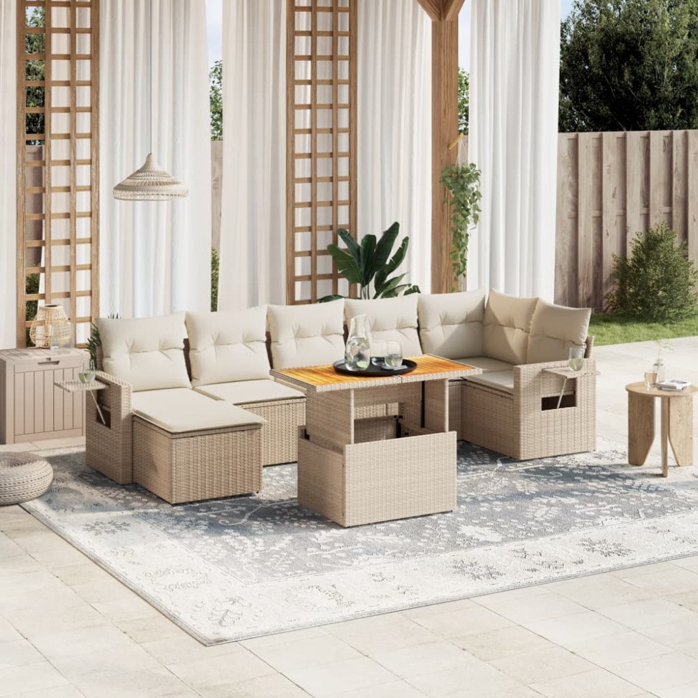 vidaXL Matgrupp för trädgården med dynor 8 delar beige konstrotting