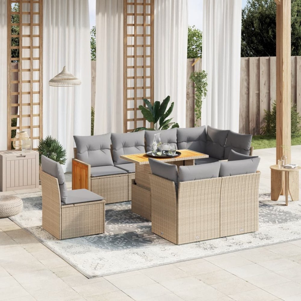 vidaXL Soffgrupp för trädgården med dynor 9 delar beige konstrotting