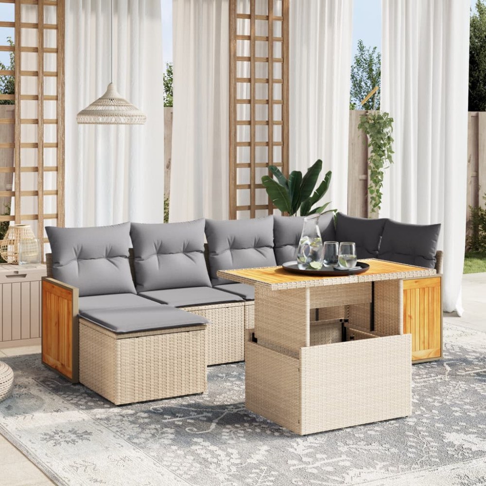 vidaXL Matgrupp för trädgården med dynor 7 delar beige konstrotting