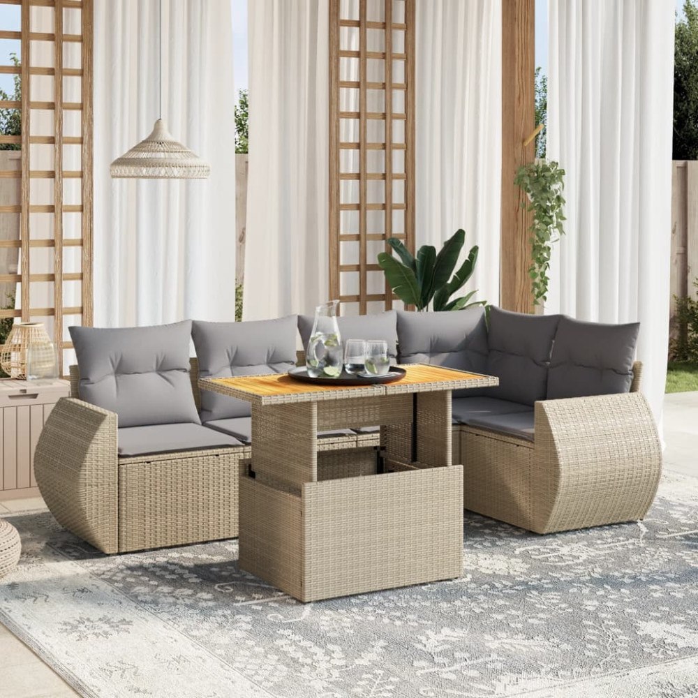 vidaXL Soffgrupp för trädgården med dynor 6 delar beige konstrotting