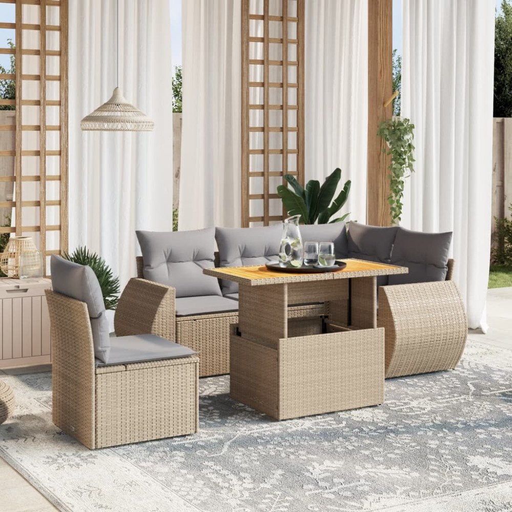 vidaXL Soffgrupp för trädgården med dynor 6 delar beige konstrotting