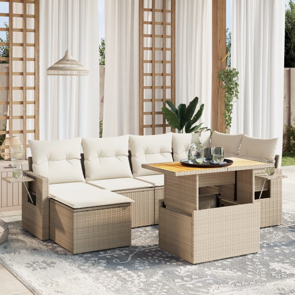 vidaXL Matgrupp för trädgården med dynor 7 delar beige konstrotting