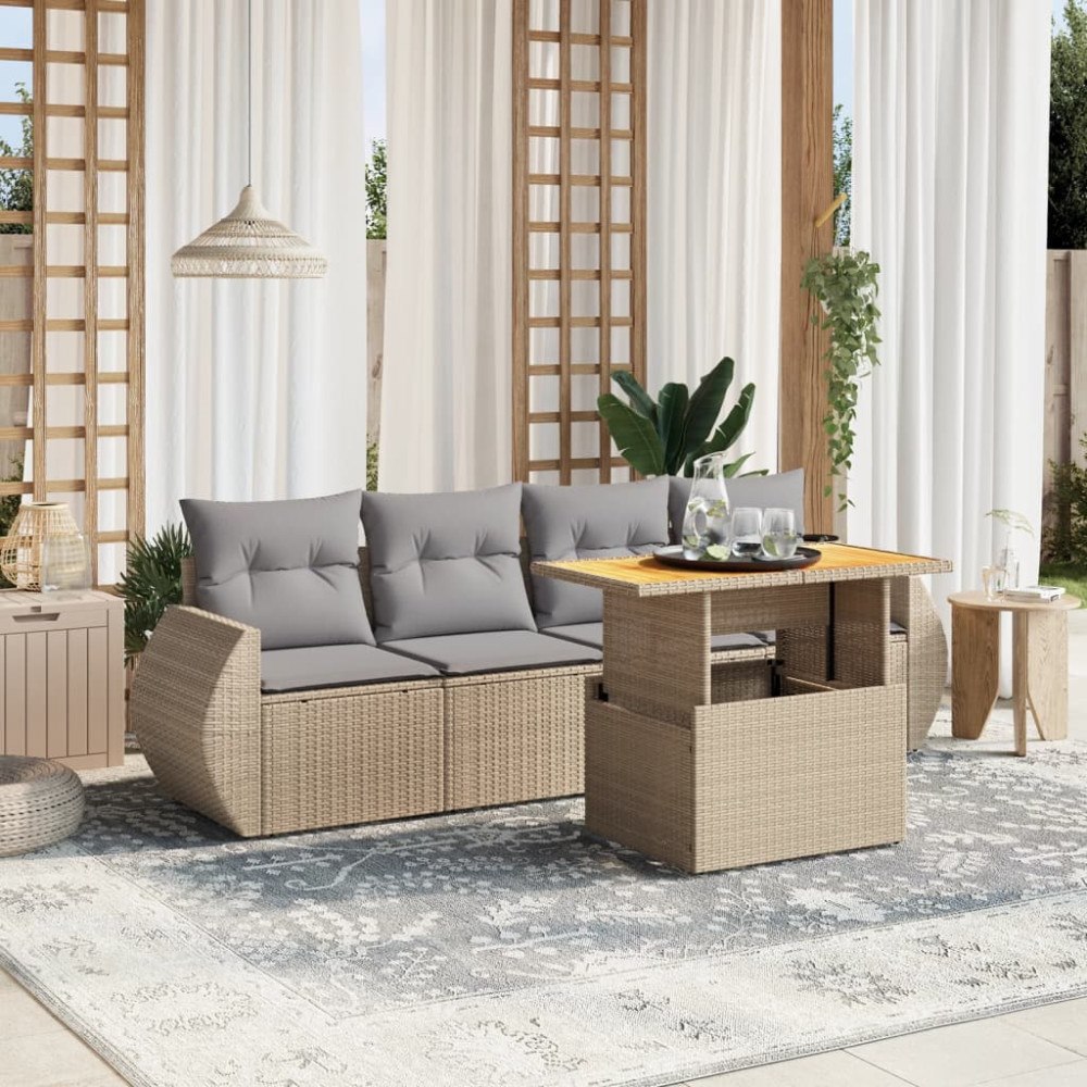 vidaXL Soffgrupp för trädgården med dynor 5 delar beige konstrotting