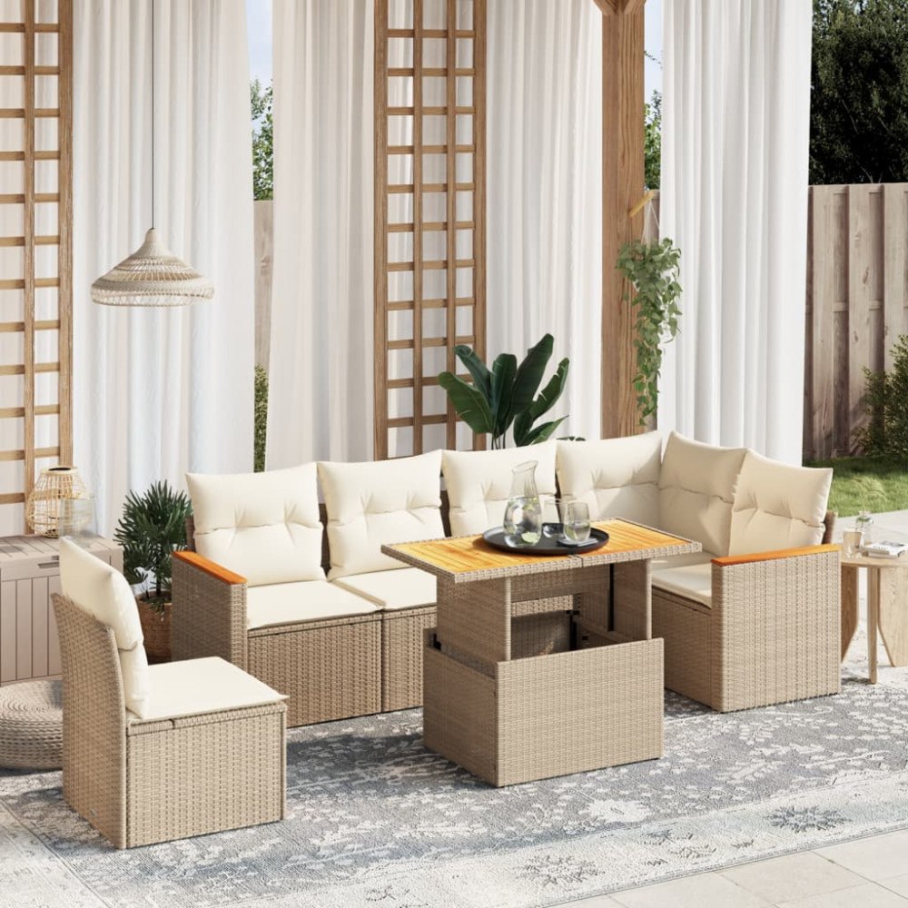 vidaXL Matgrupp för trädgården med dynor 7 delar beige konstrotting