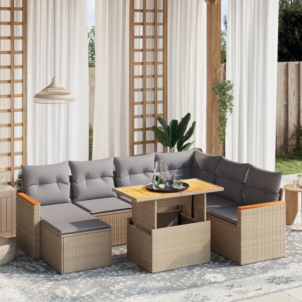 vidaXL Matgrupp för trädgården med dynor 8 delar beige konstrotting
