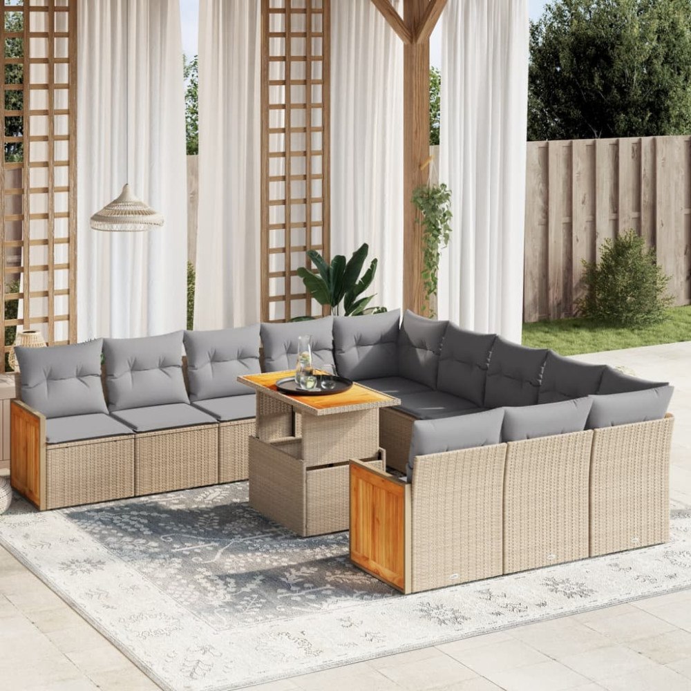 vidaXL Loungegrupp för trädgården m. dynor 11 delar beige konstrotting
