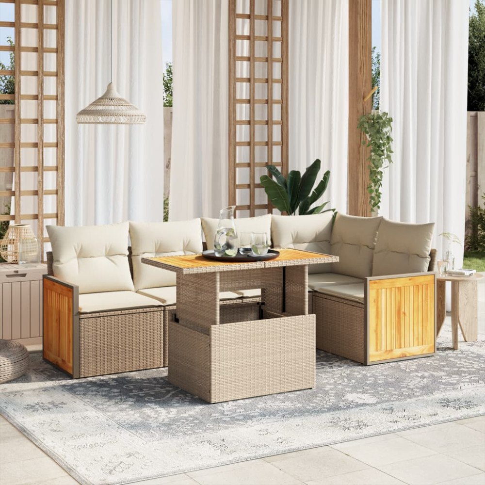 vidaXL Soffgrupp för trädgården med dynor 6 delar beige konstrotting