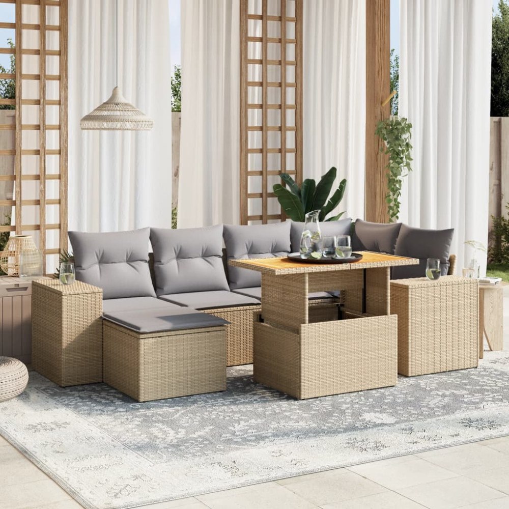 vidaXL Matgrupp för trädgården med dynor 7 delar beige konstrotting