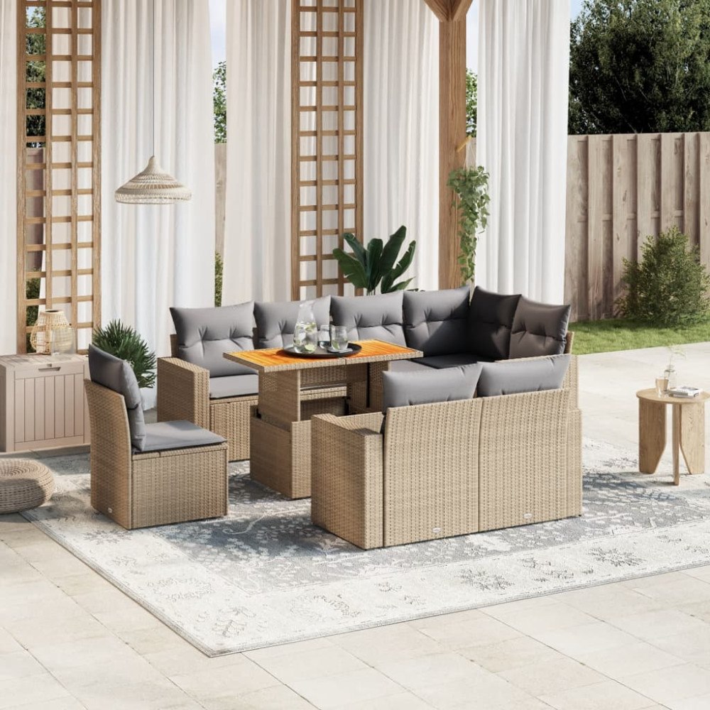 vidaXL Soffgrupp för trädgården med dynor 9 delar beige konstrotting