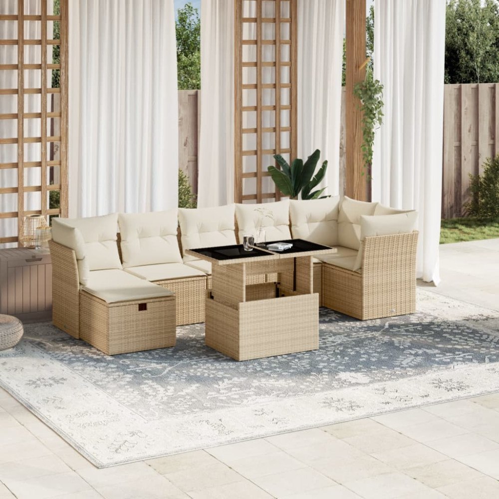 vidaXL Matgrupp för trädgården med dynor 8 delar beige konstrotting