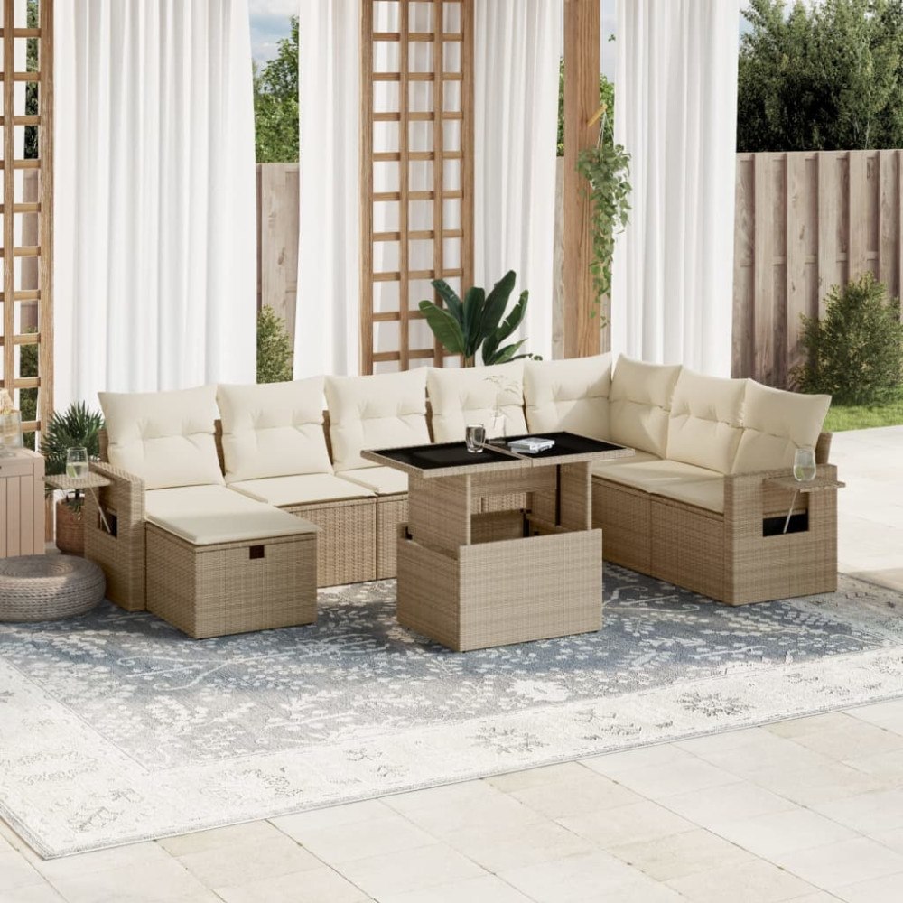 vidaXL Soffgrupp för trädgården med dynor 9 delar beige konstrotting