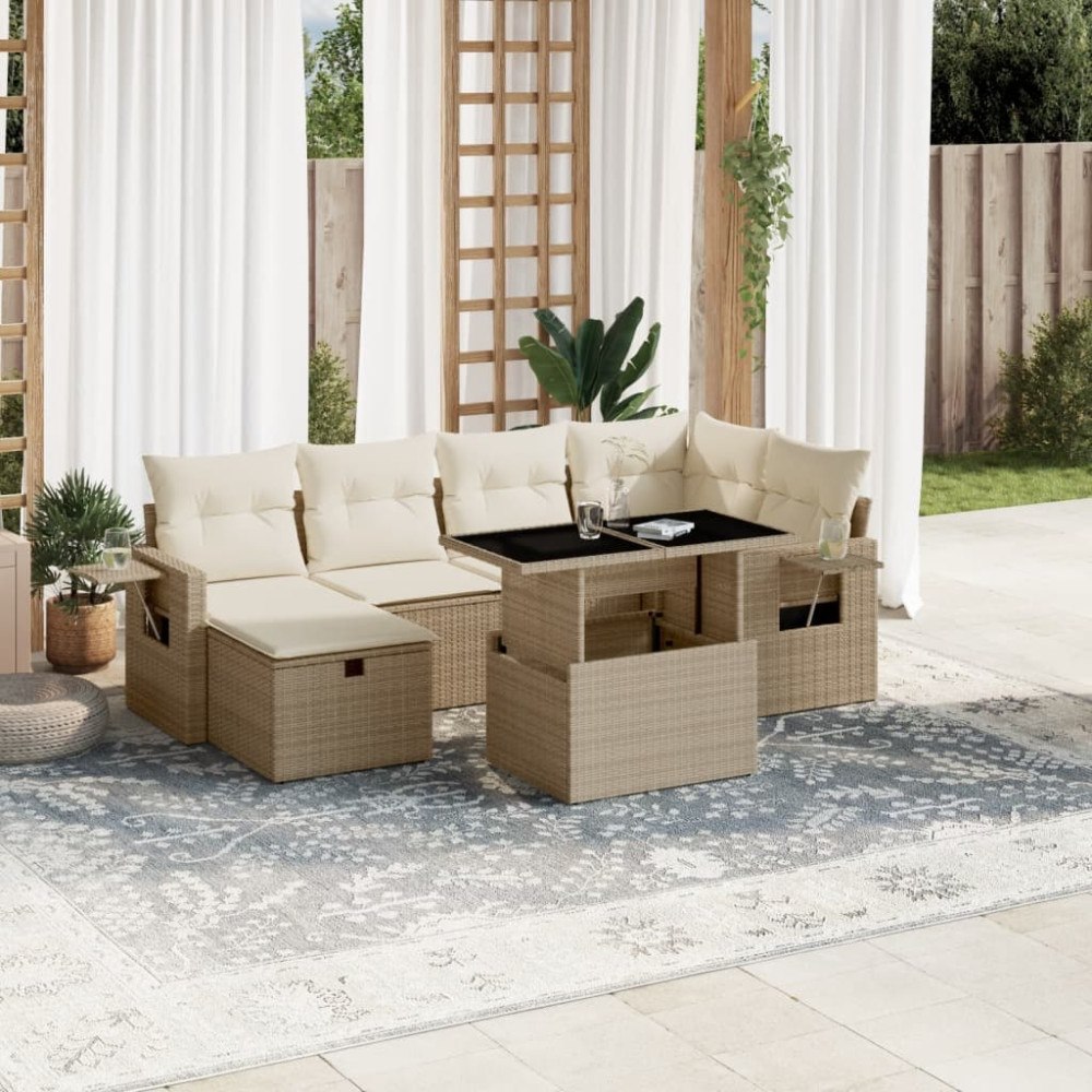 vidaXL Matgrupp för trädgården med dynor 7 delar beige konstrotting
