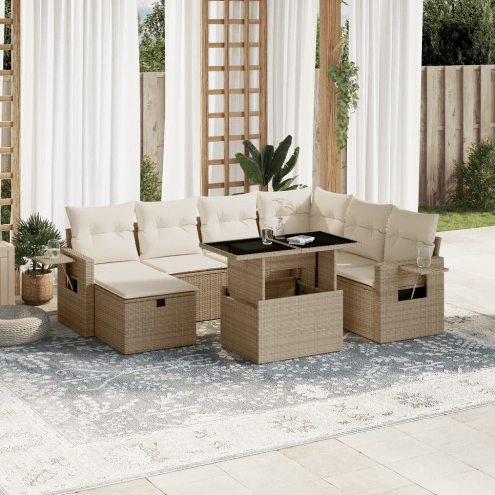 vidaXL Matgrupp för trädgården med dynor 8 delar beige konstrotting