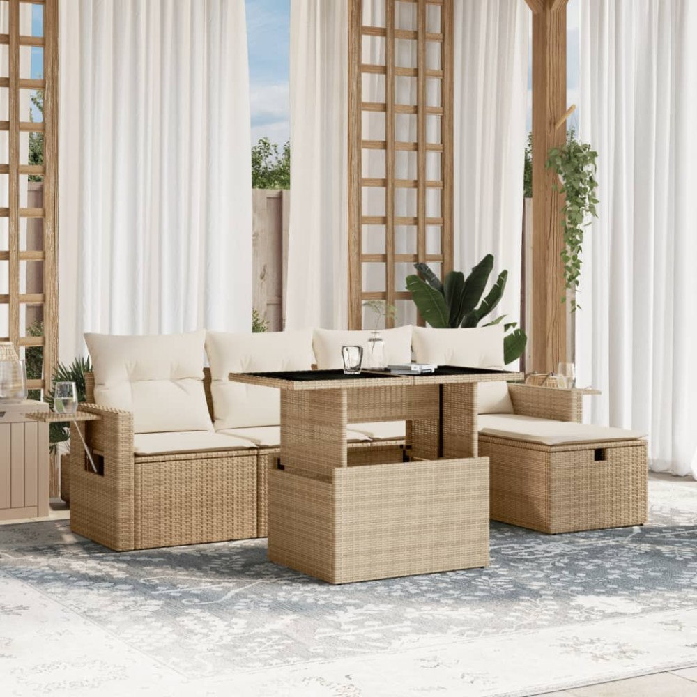 vidaXL Soffgrupp för trädgården med dynor 6 delar beige konstrotting