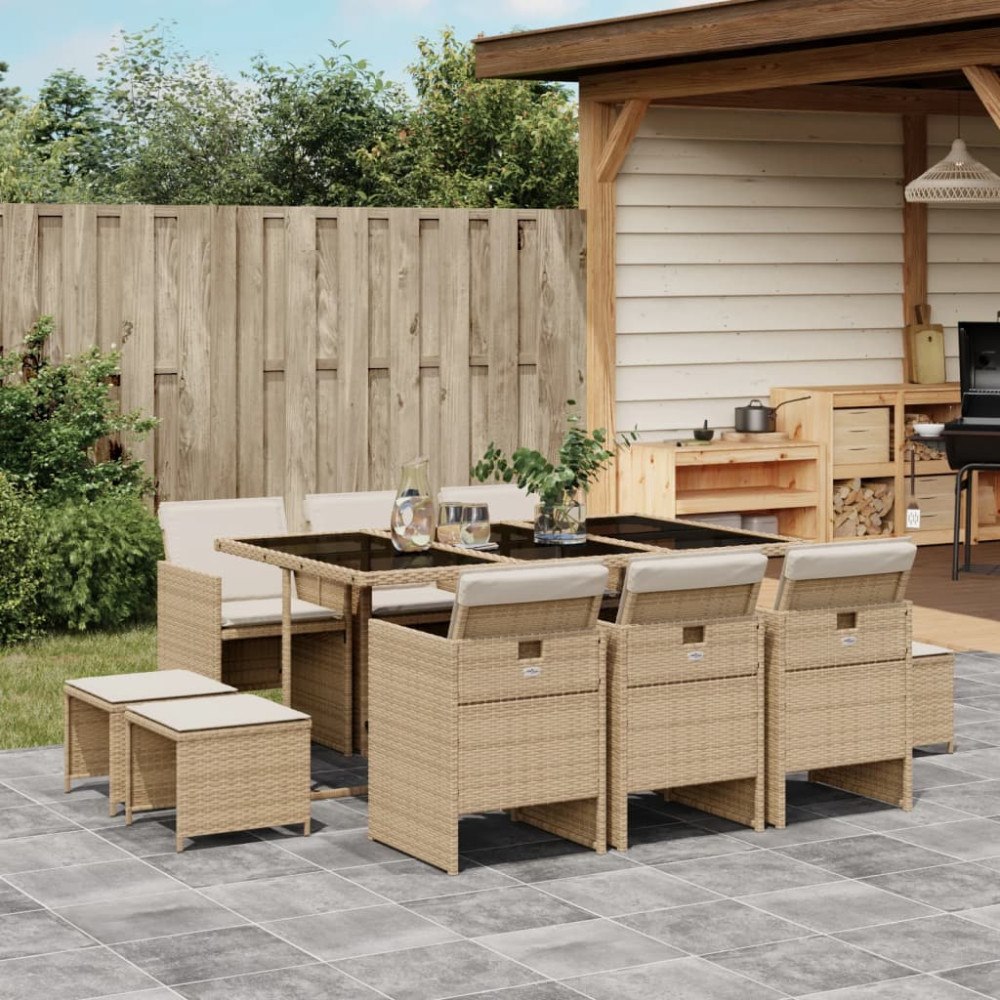 vidaXL Matgrupp för trädgården med dynor 11 delar beige konstrotting