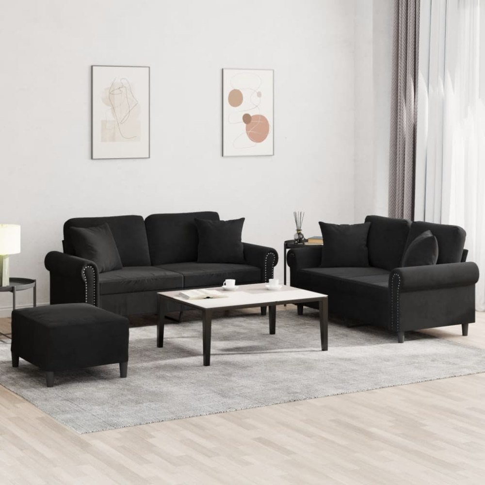vidaXL Soffgrupp med kuddar 3 delar svart sammet