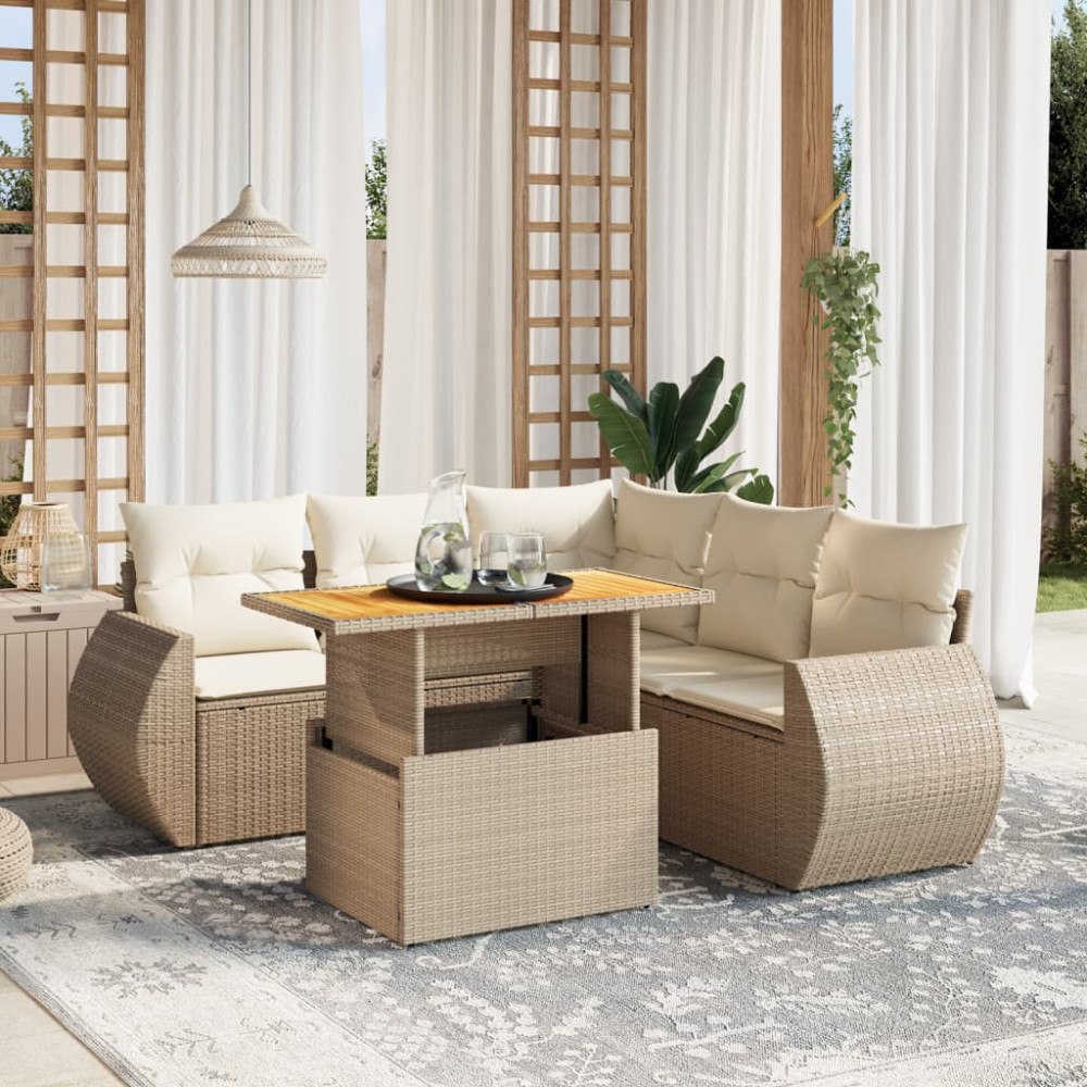 vidaXL Soffgrupp för trädgården med dynor 6 delar beige konstrotting