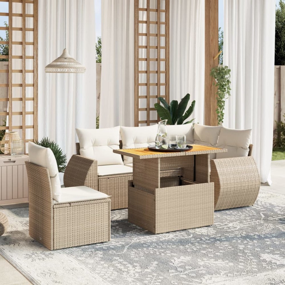vidaXL Soffgrupp för trädgården med dynor 6 delar beige konstrotting