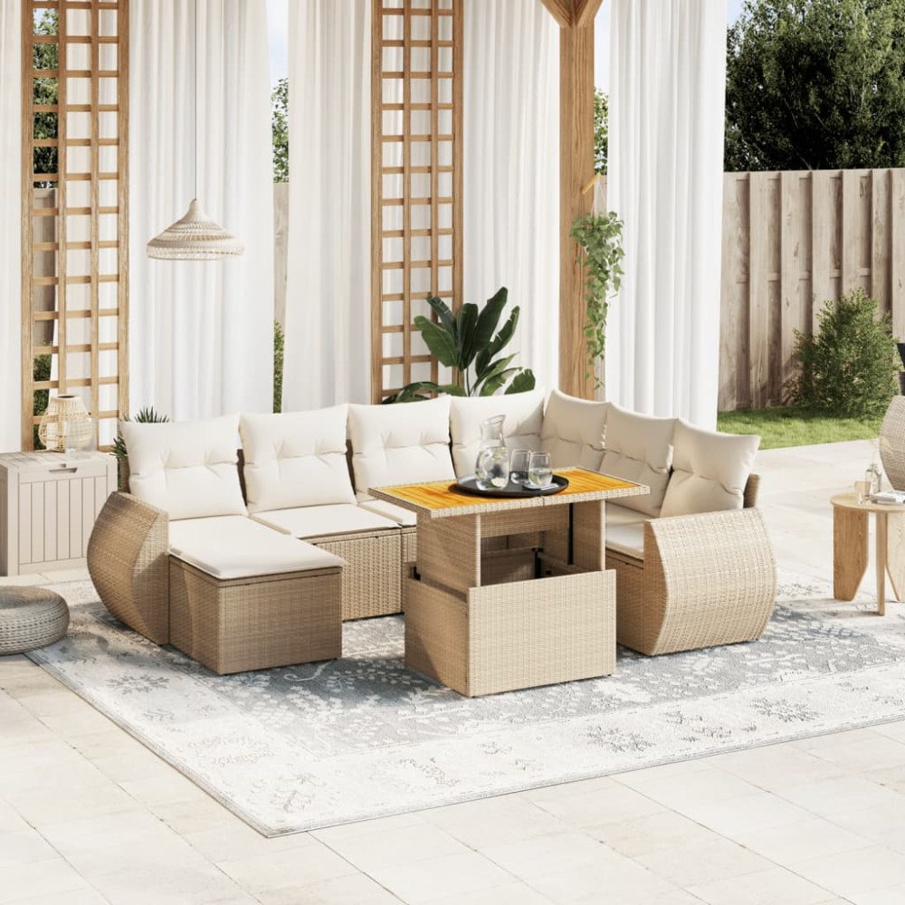 vidaXL Matgrupp för trädgården med dynor 8 delar beige konstrotting
