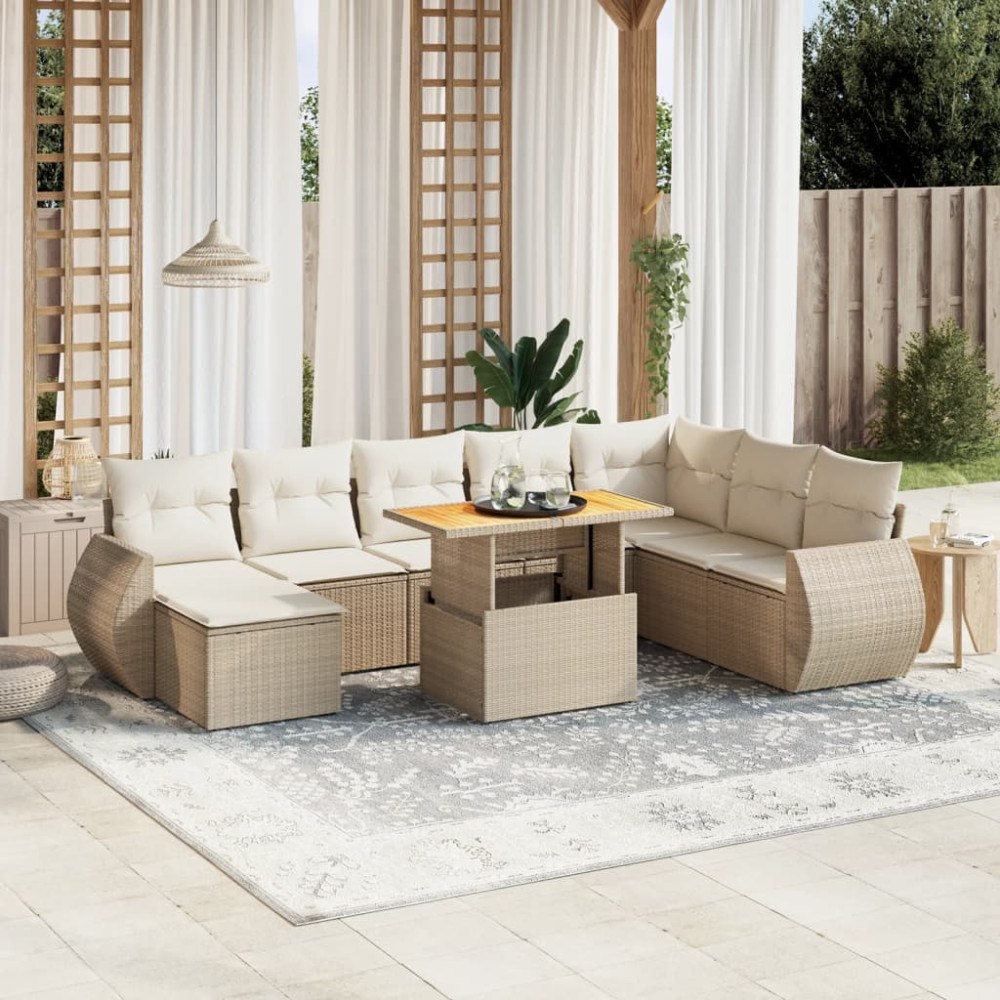 vidaXL Soffgrupp för trädgården med dynor 9 delar beige konstrotting