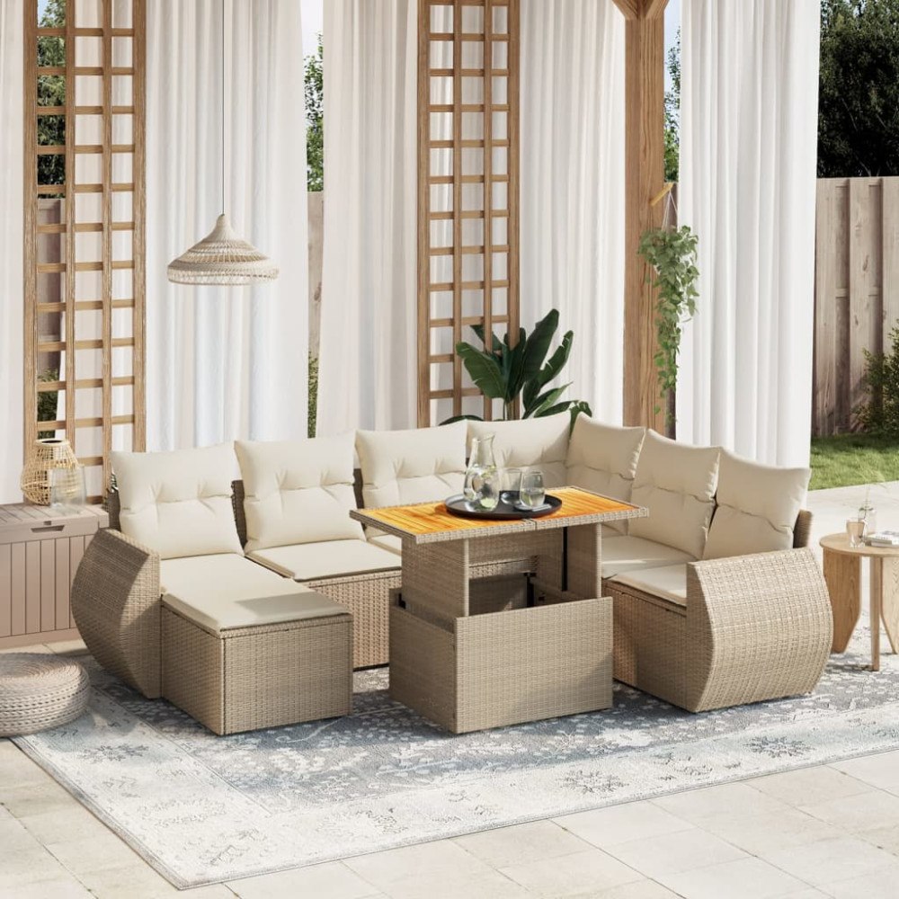 vidaXL Matgrupp för trädgården med dynor 8 delar beige konstrotting