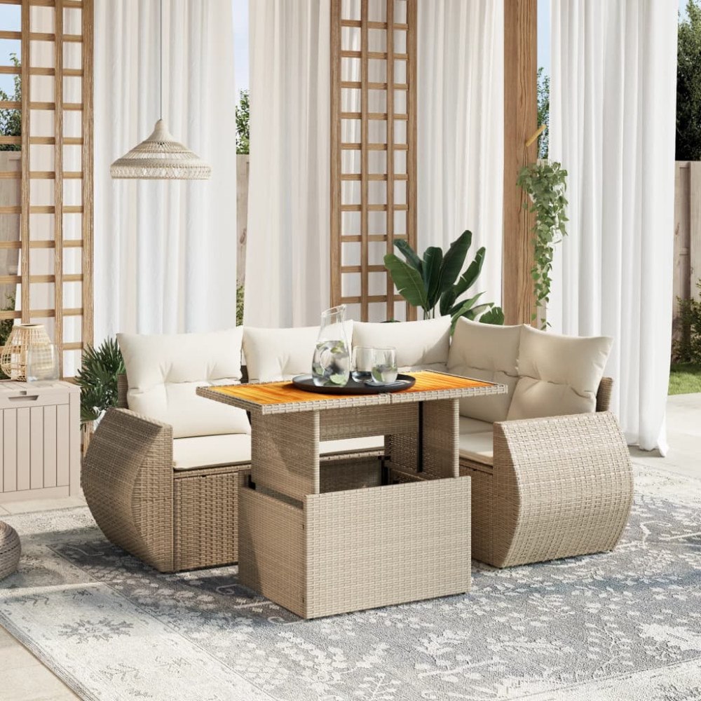 vidaXL Soffgrupp för trädgården med dynor 5 delar beige konstrotting