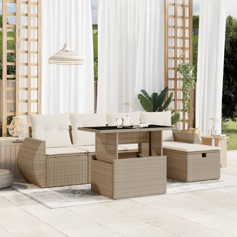 vidaXL Soffgrupp för trädgården med dynor 6 delar beige konstrotting