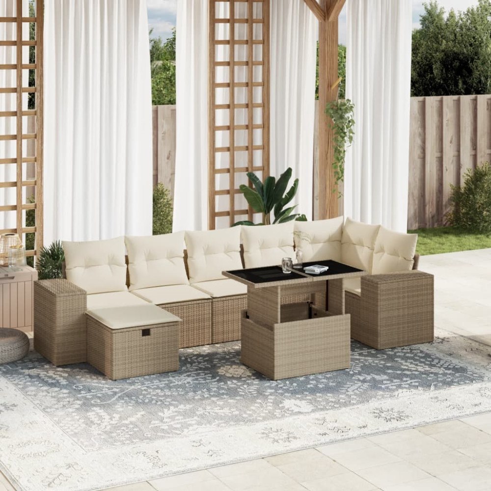 vidaXL Matgrupp för trädgården med dynor 8 delar beige konstrotting