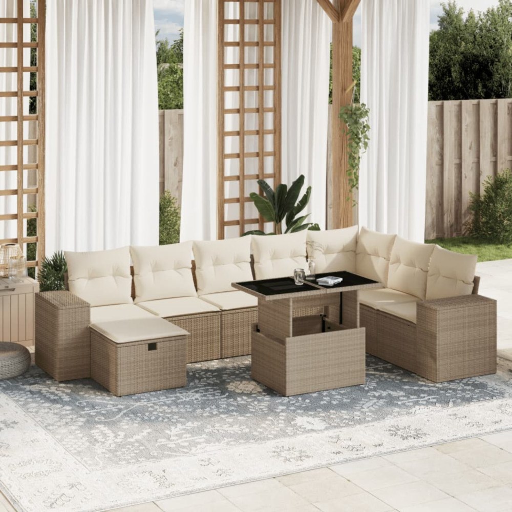 vidaXL Soffgrupp för trädgården med dynor 9 delar beige konstrotting
