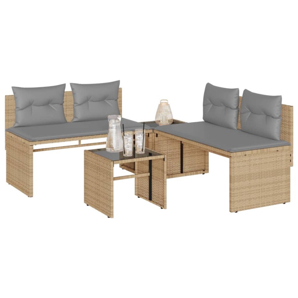 vidaXL Soffgrupp för trädgård med dynor 4 delar beige konstrotting