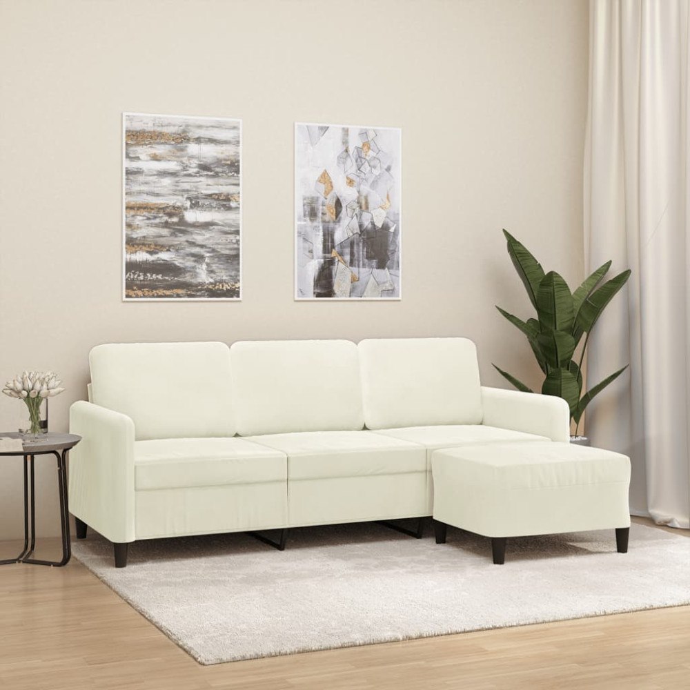 vidaXL 3-sitssoffa med fotpall gräddvit 180 cm sammet