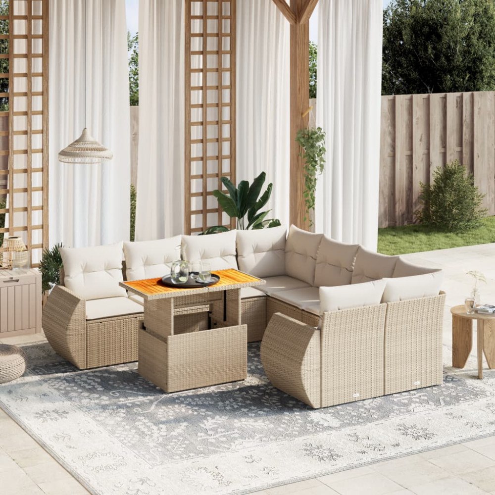 vidaXL Soffgrupp för trädgården med dynor 9 delar beige konstrotting