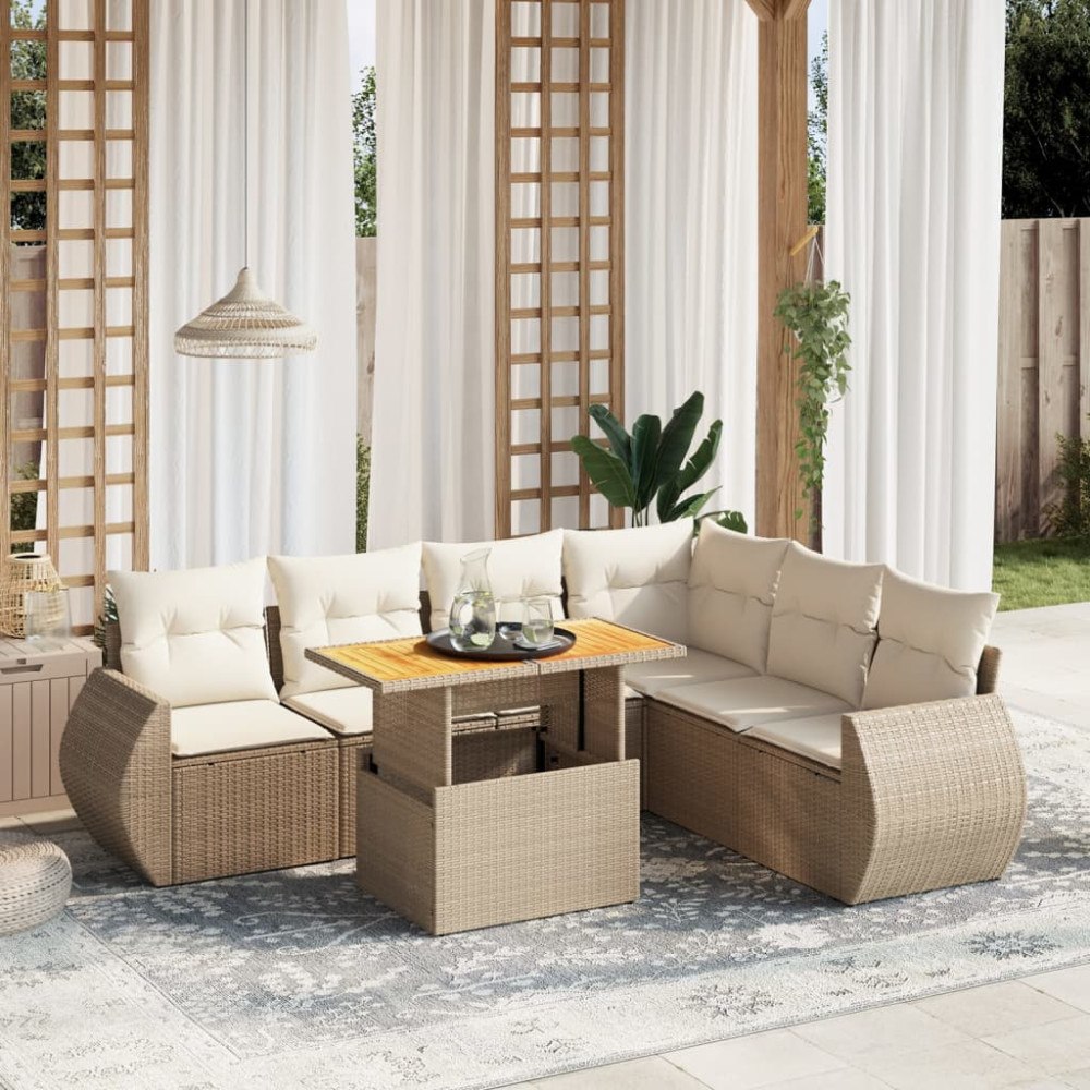 vidaXL Matgrupp för trädgården med dynor 7 delar beige konstrotting