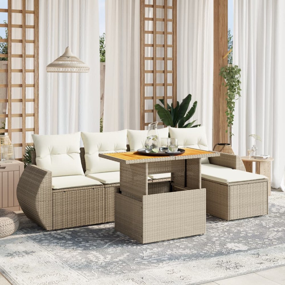 vidaXL Soffgrupp för trädgården med dynor 6 delar beige konstrotting