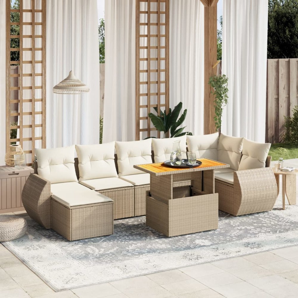 vidaXL Matgrupp för trädgården med dynor 8 delar beige konstrotting