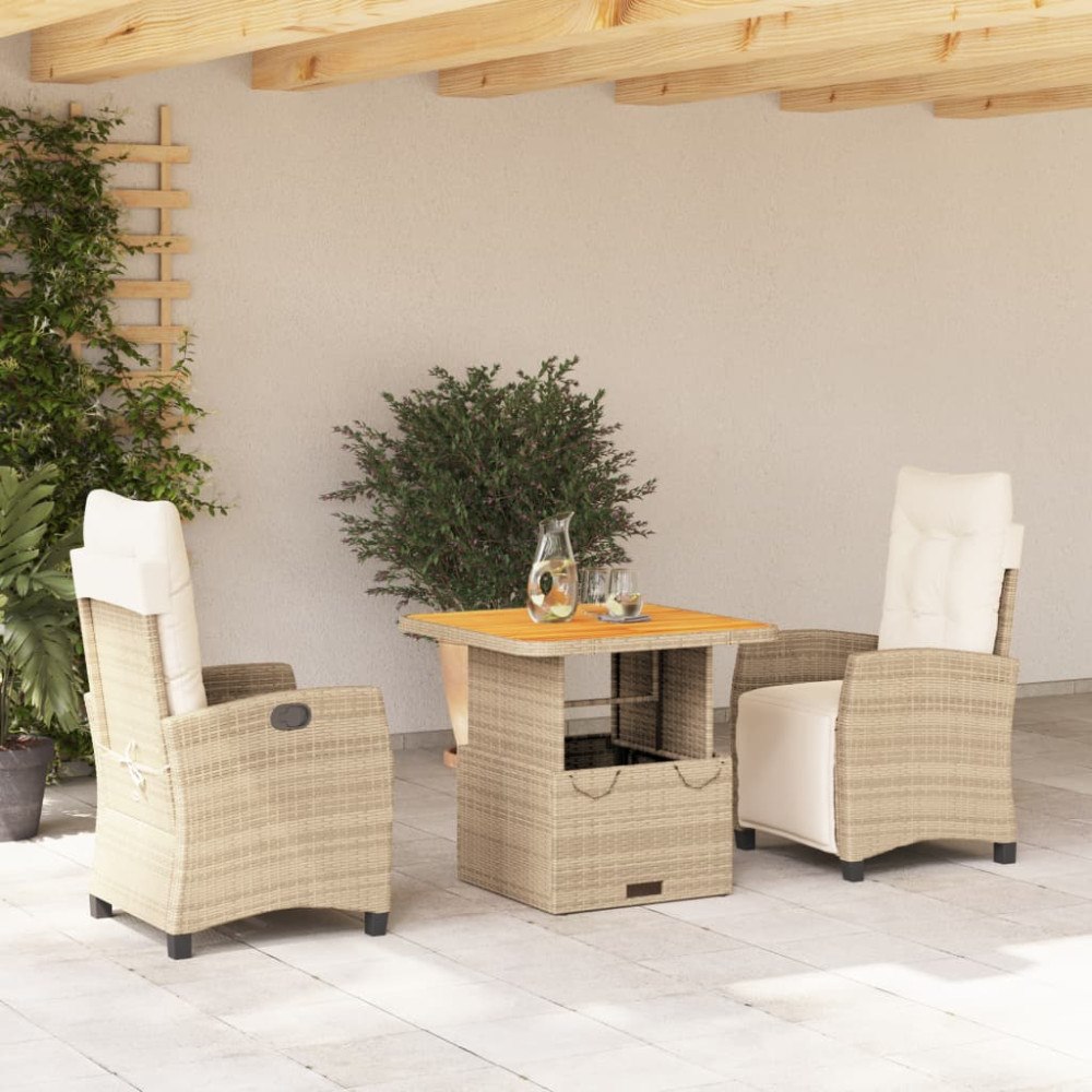 vidaXL Matgrupp för trädgården 3 delar med dynor beige konstrotting