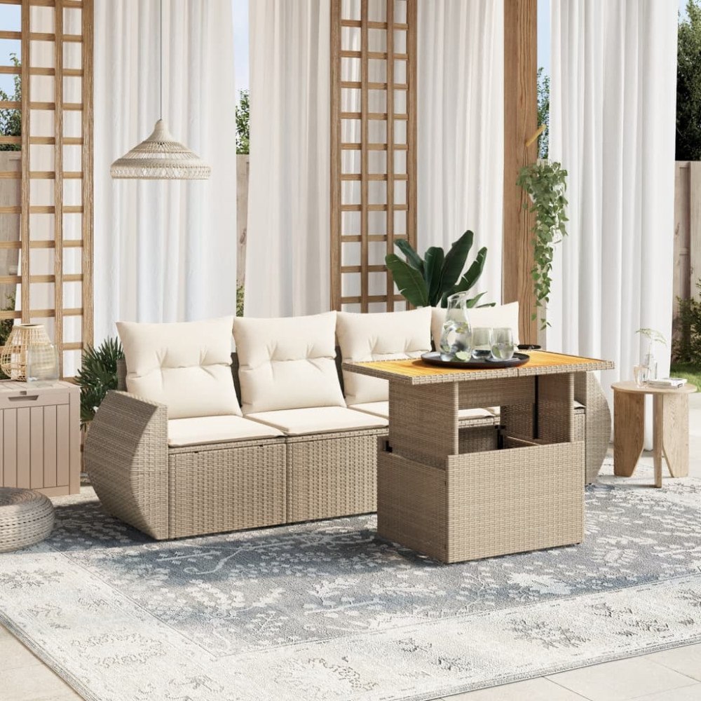 vidaXL Soffgrupp för trädgården med dynor 5 delar beige konstrotting