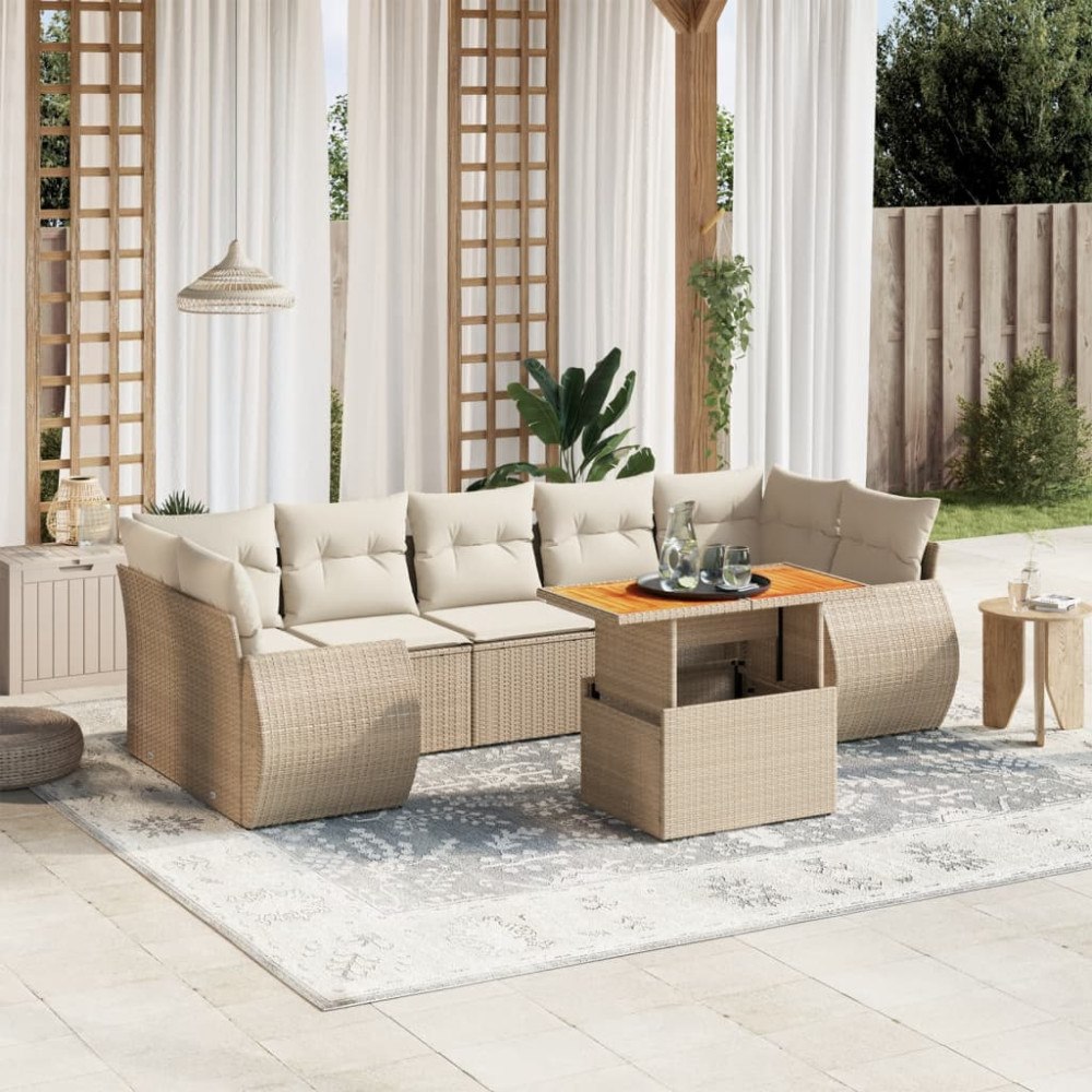 vidaXL Matgrupp för trädgården med dynor 8 delar beige konstrotting