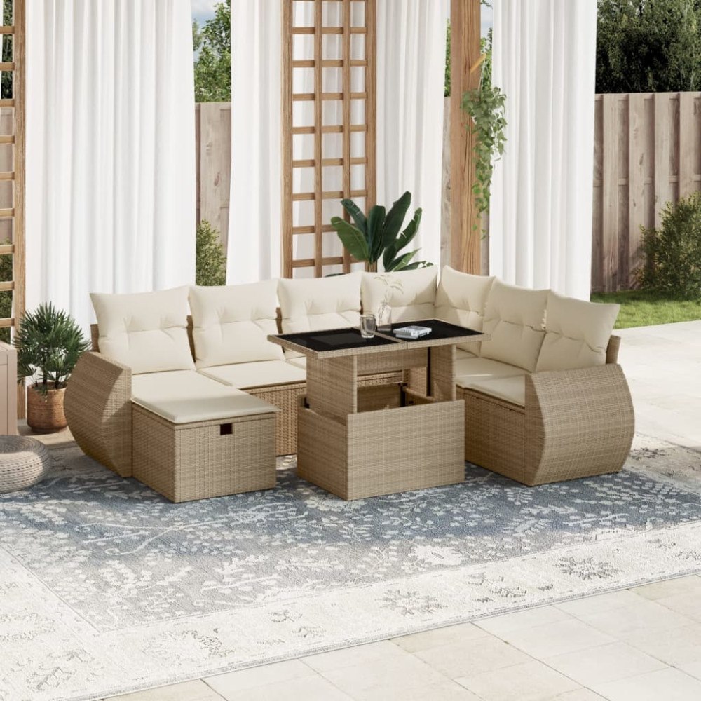 vidaXL Matgrupp för trädgården med dynor 8 delar beige konstrotting